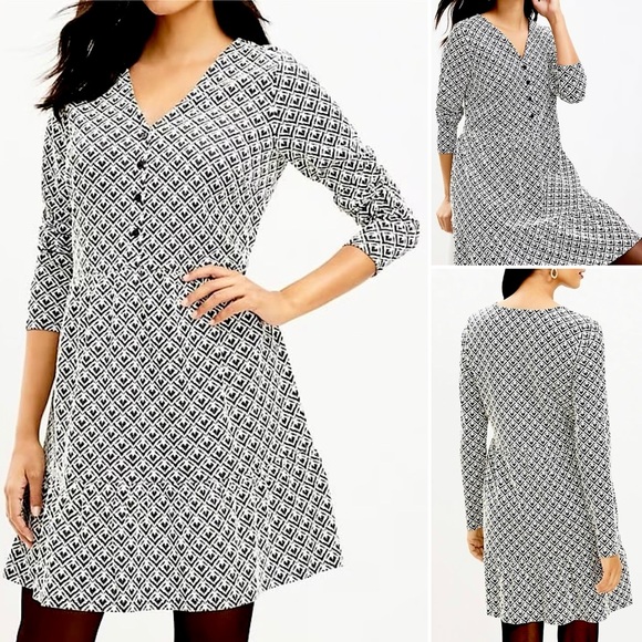LOFT Ann Taylor Jacquard Mini Dress Flounce Swing Long Sleeve V-Neck Ruffle Hem - Picture 2 of 11